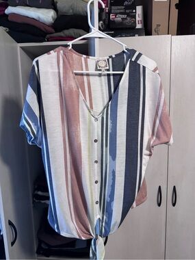 Technics Striped V-Neck Button Tie-Front Top in Blue, Pink, White